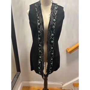 Patricia Wolf Genuine Leather Vest Womens S Black  Fringe Floral Western